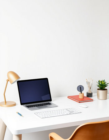 Modern workspace with laptop, supplies and decorations. Mock up, 3D Rendering