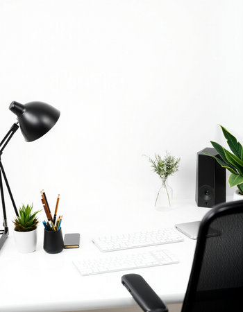 workplace with computer, lamp and plant on white background. 3d rendering