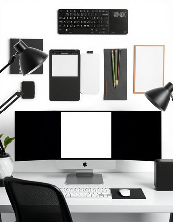 Modern workplace with computer and stationery on white background.