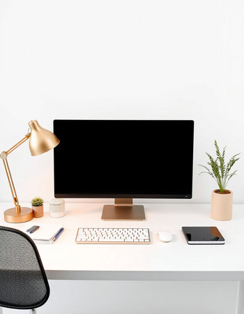 Modern workspace with computer, keyboard, mouse, coffee cup and other items. Mock up