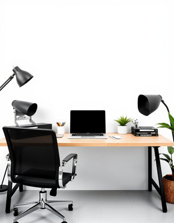 workplace with laptop, lamp and plant on the white wall background