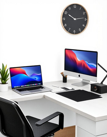 3D illustration PC screen on table in modern office, Workspace