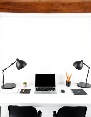 Modern workplace with blank screen laptop, mobile phone and office supplies. Mock up, 3D Rendering