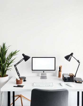 Modern workspace with computer, stationery and plants. Workplace concept
