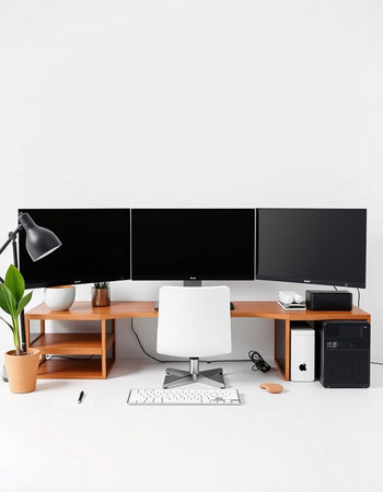 Interior of modern office. Workplace with computer, desk and plant. 3d render