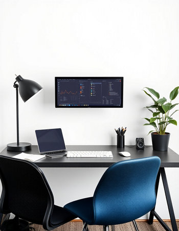 3D Rendering : illustration of modern workspace with computer, mouse, keyboard, lamp and plant on...