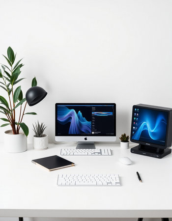 Modern workspace with computer, tablet, phone and plant.