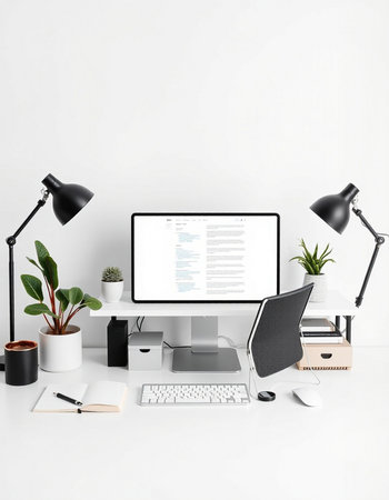 Modern workspace with computer and stationery. Mock up, 3D Rendering