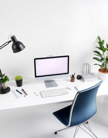 workplace with computer, lamp and stationery. 3d rendering