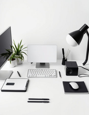 workplace with computer, lamp and stationery on white background. 3d rendering