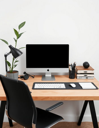 Modern workplace with computer, stationery and plant on wooden table near white wall