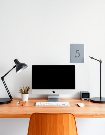 Modern workspace with computer, keyboard, mouse, lamp and other objects