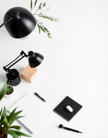 Flat lay composition with office supplies and copy space on white backgroundの写真素材