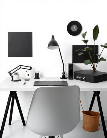 Stylish workplace with computer on table in office. Mockup for design