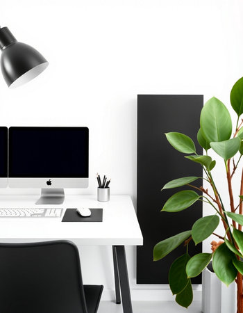Workplace with modern computer and plant on white wall background.