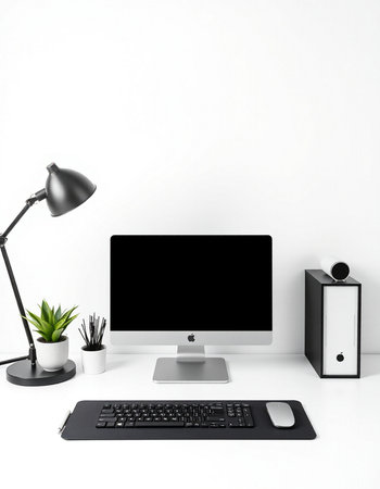 Modern workplace with computer, keyboard, mouse, lamp and plant on white background
