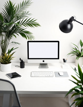 Workplace with computer, keyboard, mouse, mobile phone and green plants.