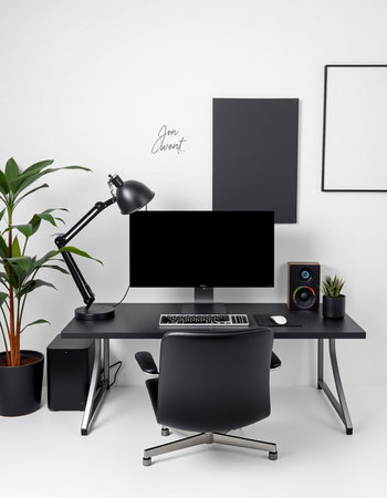 Modern office interior with computer, black chair and plants. 3d render