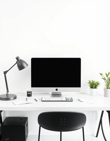 Modern workspace with blank computer screen on table. Mock up, 3D Rendering