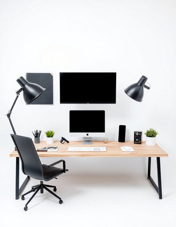 Modern workplace with computer, lamp and other objects on white background.
