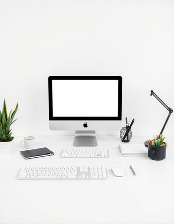 Modern workspace with computer, keyboard, mouse and office supplies. Mock upの写真素材