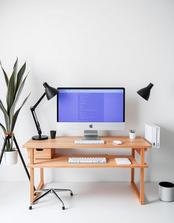 Wooden desk with computer, lamp and plant on white wall background