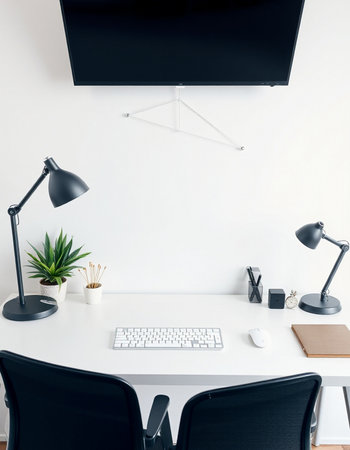 Minimalist office interior with black and white furniture, computer and other items. 3D Rendering