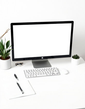 Computer with blank screen on white office desk. Mockup for design