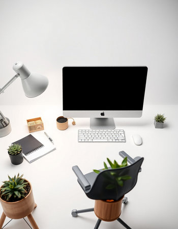 Workplace with computer and stationery on white table, 3d render