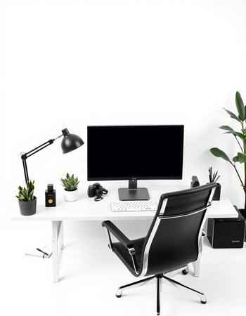 Modern workspace with computer on the desk. Workplace with black armchair, keyboard, mouse,...