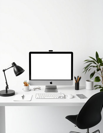 Modern workspace with computer, supplies and decorations. Mock up, 3D Rendering