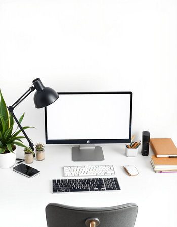 Modern workspace with blank computer screen, stationery and decorations on white background
