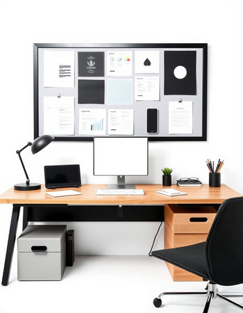 Modern desktop with computer on the white background.