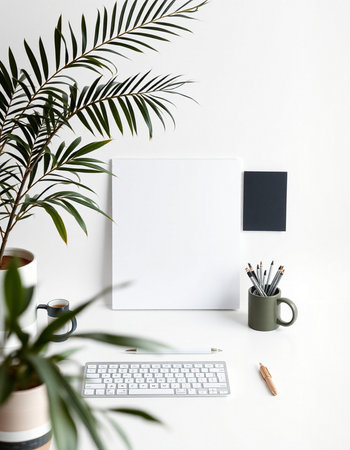 Modern workspace with mock up poster, keyboard, coffee cup and plant on white background