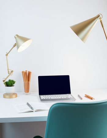 workplace with laptop and stationery on table, home office concept