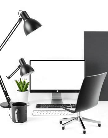 Modern workspace with computer, lamp, coffee cup and plant on white background