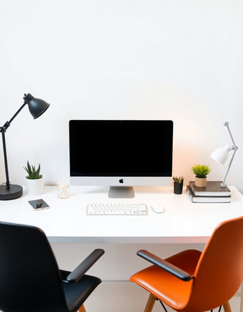 Modern workspace with computer, coffee cup and other items. Mock up