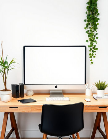Front view of modern workspace with blank computer monitor, stationery and plants. 3D Renderingの写真素材