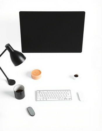 Modern workspace with computer, coffee cup, keyboard and mouse on white background