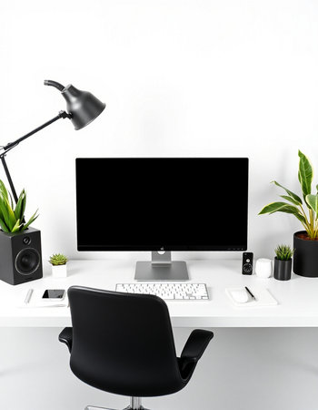 Workplace with computer, keyboard and mouse. 3d rendering.