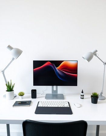 Workplace with computer on white table and lamp. 3d rendering