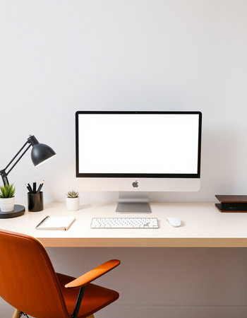 Modern workplace with computer, keyboard, mouse, coffee cup and other itemsの写真素材