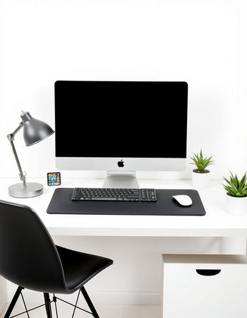 workplace with computer, lamp, mouse and plant on white background