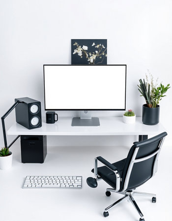 Modern workspace with computer, keyboard, mouse and plant on white background