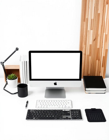 Modern workspace with computer, supplies and copy space on white background. 3D Rendering