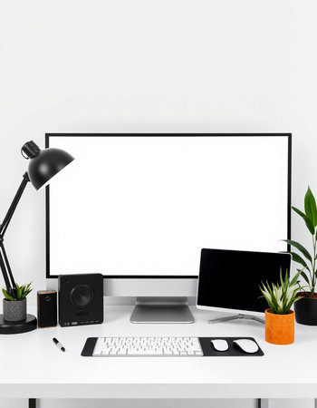 Workplace with blank screen computer, keyboard, mouse, coffee cup and plant on white table