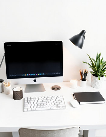 workplace with computer and stationery on table, home office concept
