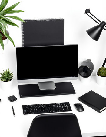 Modern workplace with computer, stationery, supplies and plants on white background. Flat lay, top...
