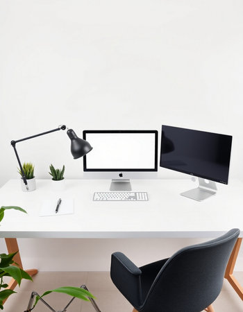 Minimalistic workplace with computer, supplies and decorations. Mock up, 3D Rendering