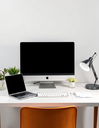Modern workspace with blank screen computer, keyboard and mouse on white table. Mock up
